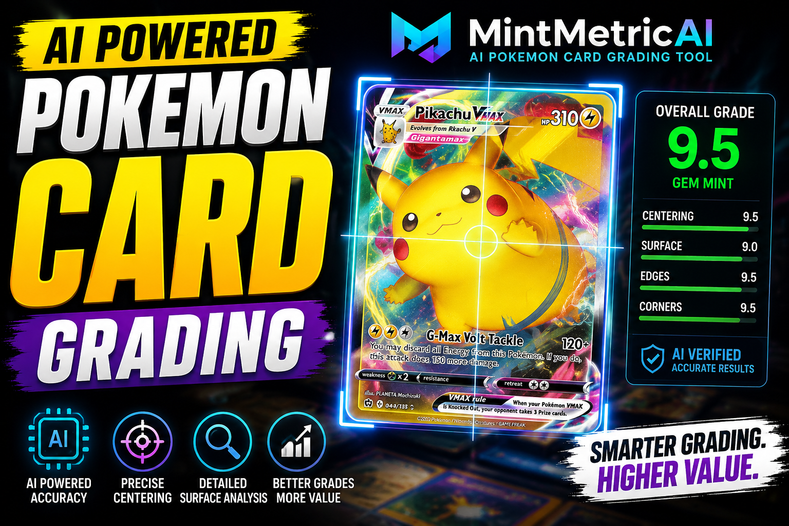 AI Pokemon card grading with MintMetricAI — overall grade 9.5 gem mint with centering, surface, edges, and corners sub-scores